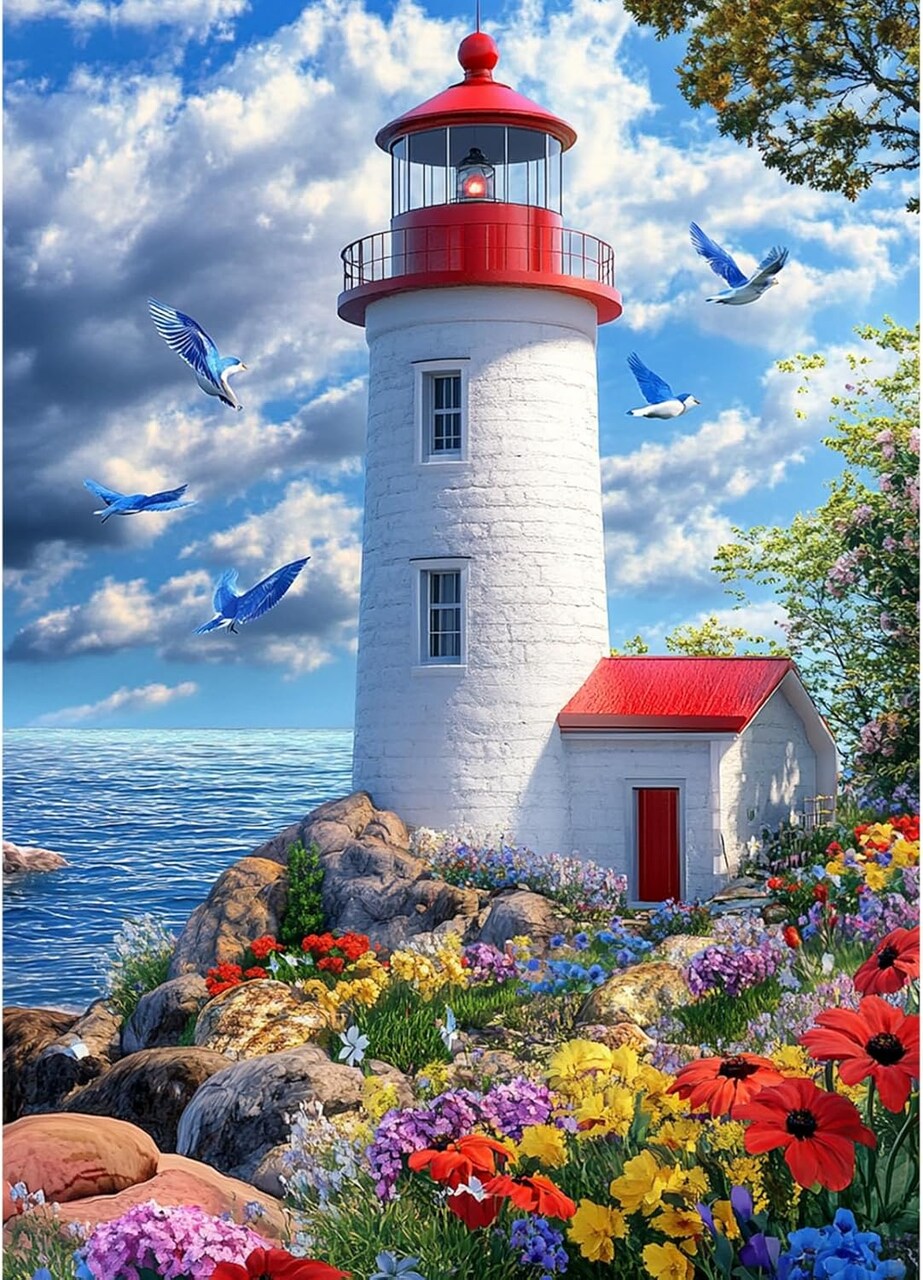 Diamond Art Paintings Kits for Adults,Lighthouse Diamond Art Kits for Adults,12x16 Inch DIY Diamond Art Paintings Kits Seaside Flowers and Seagulls,Diamond Art Painting Set
